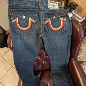 True Religion Men's Designer Blue Jeans with Multicolor Stitching 32R (32"x32")